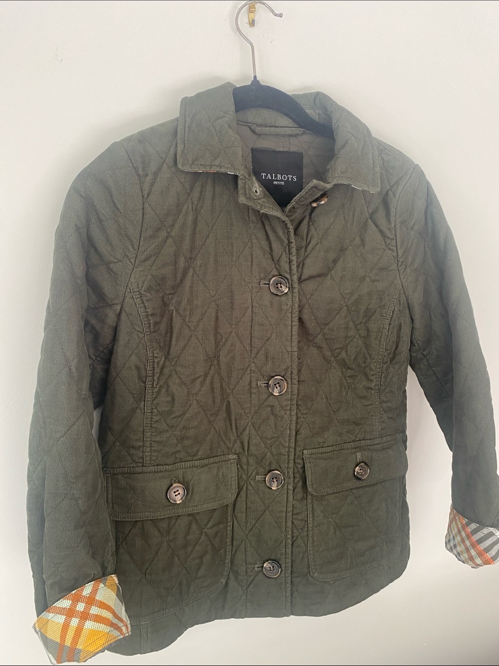 Talbots Olive Green Quilted Button-Front Corduroy Barn Coat